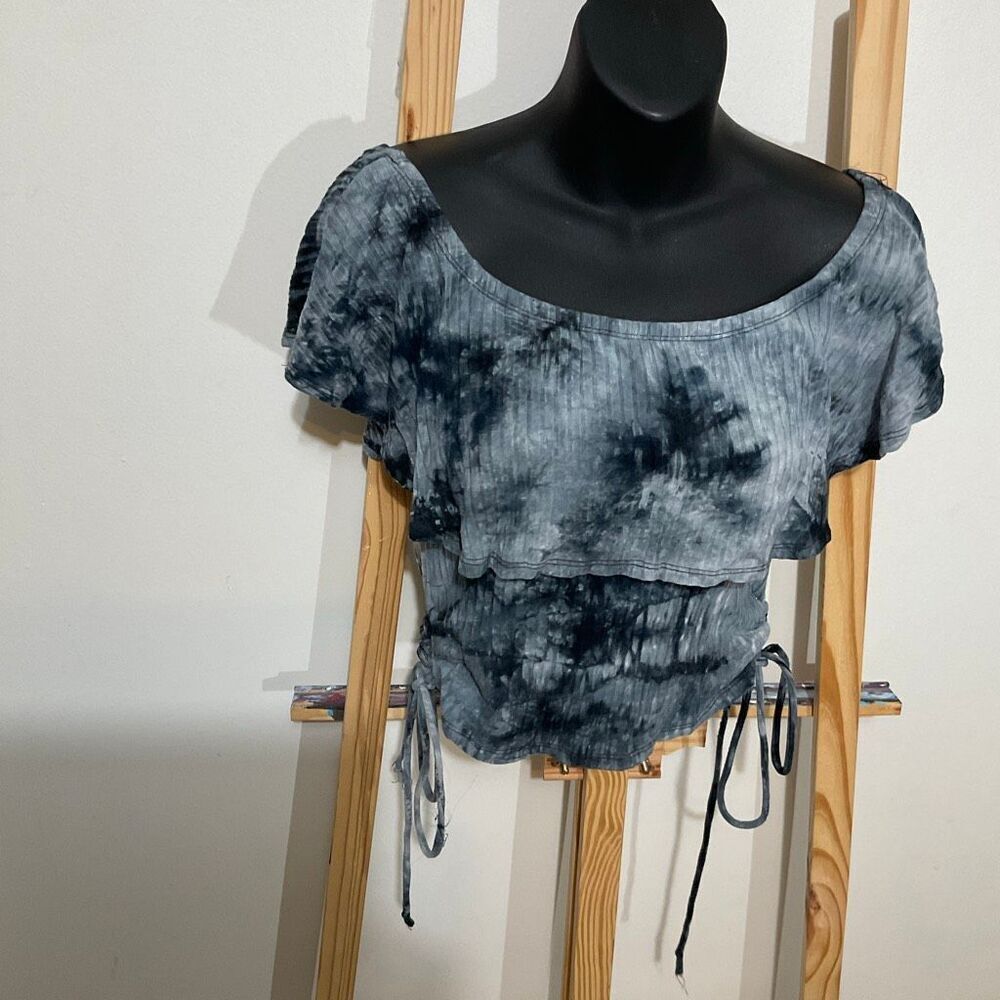 Hearts & Hips size large, blue tie dye off the shoulder lace up tie sides blouse